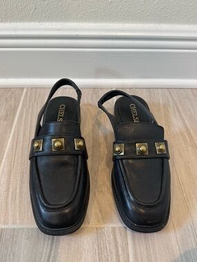 Chelsea & Violet Black Leather Slingback Loafers with Gold Studs